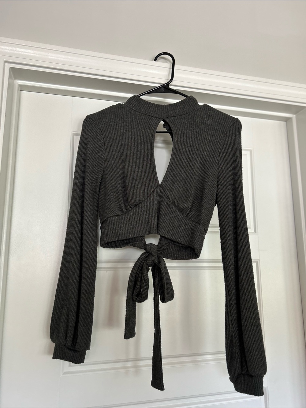 Windsor Charcoal Ribbed Long Sleeve Tie-Back Crop Top